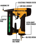 18 Gauge Narrow Crown Stapler Kit with oil-free operation, selectable trigger, low nail lockout, ultra-quiet rear exhaust