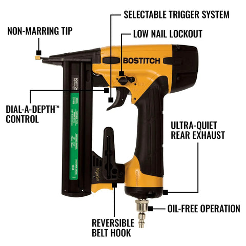 18 Gauge Narrow Crown Stapler Kit with oil-free operation, selectable trigger, low nail lockout, ultra-quiet rear exhaust