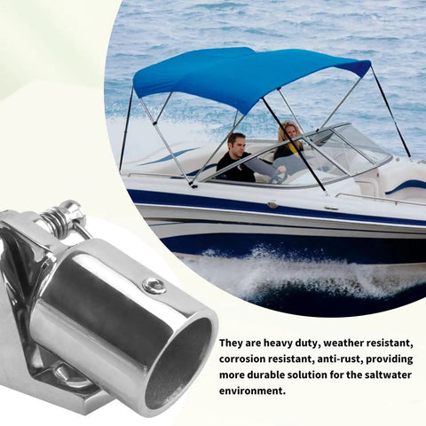 Beefy Bimini Top Hardware Kit With Deck Hinges, Quick Release Pins And Eye End Caps, boat with blue top on water
