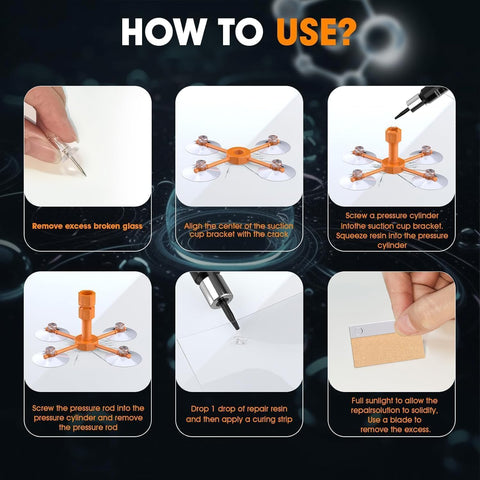 Instructions for using Dope Pro Grade Windshield Repair Kit 2 Pack With Suction Cup And Universal Glass Crack Repair Resin Quick Fix.