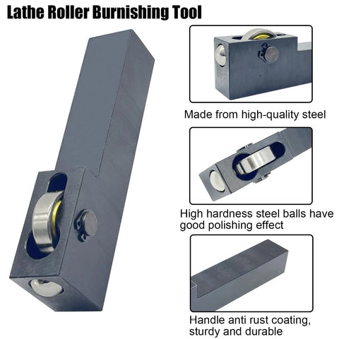 Mini Lathe Roller Burnishing Tool For Rock Solid Slick Surface Finish On Steel Brass And Aluminum With Hella Durable Steel Balls And Polishing Cloth fits conventional and CNC lathes, showcasing high-quality steel and steel balls.