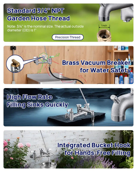 Image displaying features of Heavy Duty Wall Mount Mop Sink Faucet With Vacuum Breaker Eight Inch Center Three Quarter Inch Hose Thread