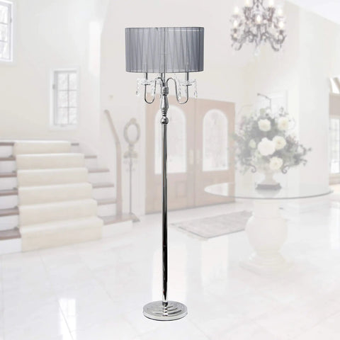 Romantic Cascading Crystal Floor Lamp With Sheer Drum Shade In Chrome Finish, White, Standing 61.5 Inches Tall With A 16.54 Inch Drum Shade, Uses 3X40W Candelabra Bulbs Not Included, A Modern Statement Piece That Turns Heads In Living Room Lighting