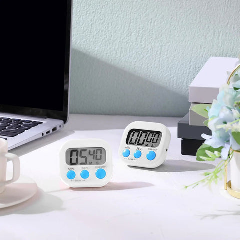 Bulk 12 Pack Digital Kitchen Timers With Magnetic Mounts, Count Up And Countdown Timers, Large Digits, Loud Alarm, Desk Stopwatch on table