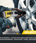 Person using Cordless Brushless Impact Wrench Half Inch Drive With 300 Nm Max Torque 3000 IPM Two Speed 20V on car wheel