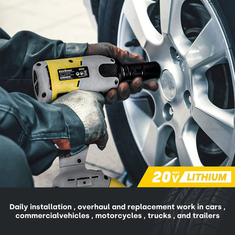 Person using Cordless Brushless Impact Wrench Half Inch Drive With 300 Nm Max Torque 3000 IPM Two Speed 20V on car wheel