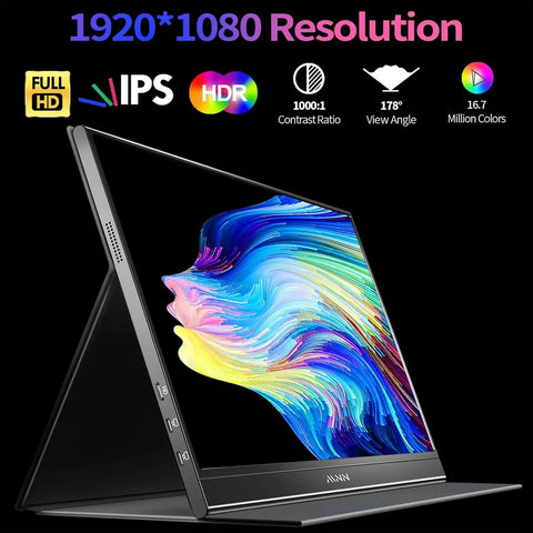 15.6 Inch Portable Monitor Fhd 1080P Usb Type C Hdmi IPS Glare Free Gaming Laptop External Display showing vibrant colors and sleek design.