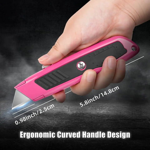 Two Pack Retractable Box Cutter Knife Set With Metal Body Heavy Duty Utility Knives For Cardboard Box Opening Packaging And Craft Projects Durable Steel Build, pink 14.8 cm knife in hand