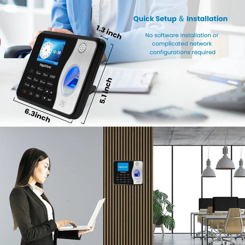 Straight Up Standalone Fingerprint Time Clock For Small Business Dead Simple Hour Tracker Zero Monthly Fees Offline Attendance Device With Five Rfid Cards Plug And Play Payroll Helper mounted on a wall, showing biometric scanner and display.
