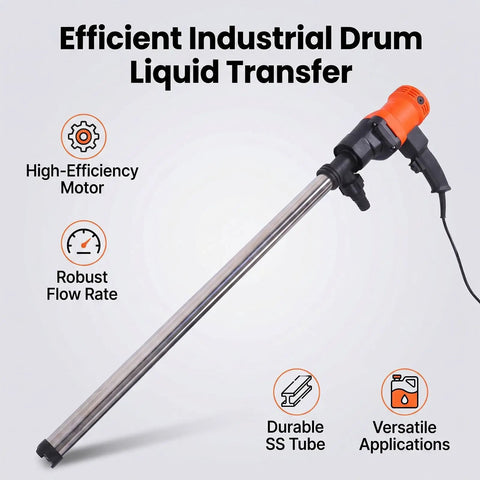 Garosa Handheld Electric Drum Pump With 35 Inch Stainless Steel Tube For Quick Fuel Transfer. Perfect For Moving Kerosene, Water, Or Diesel From Standard Fifty Five Gallon Barrels. Compact, Portable Gear Pump Design That Works Great In Your Garage Or