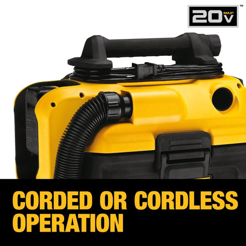 Close-up of Go-To 20V Max Cordless and Corded Wet Dry Vacuum With 2 Gallon Tank showcasing corded or cordless operation feature.