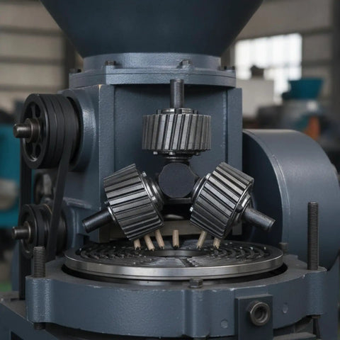 Heavy Duty Machine Roller Replacement Featuring Triple Wheels And Solid Core Built Tough For High Pressure Spin Works Like A Champ On Industrial Feed Machinery Rigs in close-up view.