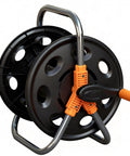 Portable Garden Hose Reel Cart For 50 To 80 Foot 5/8 Inch Hoses, featuring durable black plastic frame and easy roll-up handle