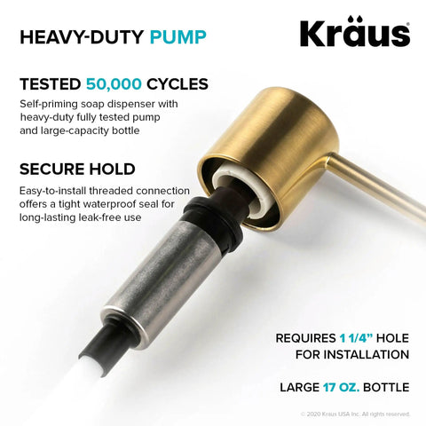 Brushed Brass Multi Purpose Kitchen Soap And Lotion Dispenser With Self Priming Pump, close view showing heavy-duty pump design.