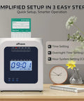 No Sweat Thermal Time Clock For Small Business Crews displaying time settings with punch card in compact design.