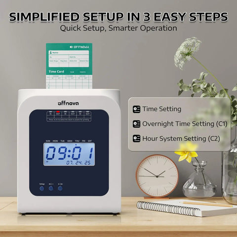 No Sweat Thermal Time Clock For Small Business Crews displaying time settings with punch card in compact design.