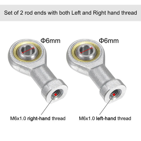 M6 Female Rod End Bearing Set, 2 Pack With Left And Right Hand Threads, Includes Jam Nuts, Grade 45 Steel Bodies And Hardened Bearing Steel Balls For Smooth, Flexible Motion In Mechanical Assemblies. M6x1.0 6mm rod ends
