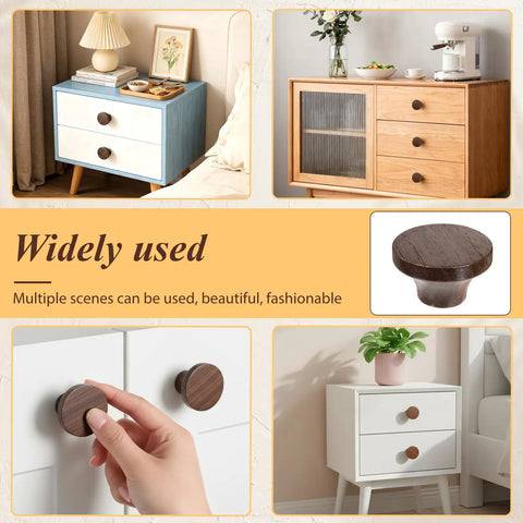 12 Pack Round Walnut Wood Drawer Handles 1.53 Inch Single Hole Cabinet Knobs on various furniture pieces