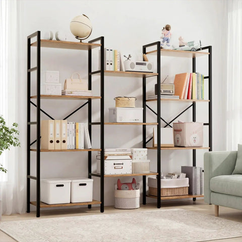 Four Tier Book Shelf With Sturdy Metal Frame Freestanding Modern Bookcase Display Shelves For Living Room Office Garage Big Capacity Storage For Books Lego Plants And Decor Rustic Brown Finish with items displayed