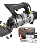 Wlikoci Electric Hydraulic Rebar Cutter For 4mm 28mm Steel Bars, shows cutting action and included tool kit for construction use.