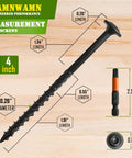 Pack Of 50 Heavy Duty Wood Lag Screws 4 Inch Long 0.171 Inch Thread Black Coated Torx Star Drive With Modified Truss Washer Head And Included T30 Bit For Tough Deck Framing And Wood Construction, showing screw dimensions and T30 bit