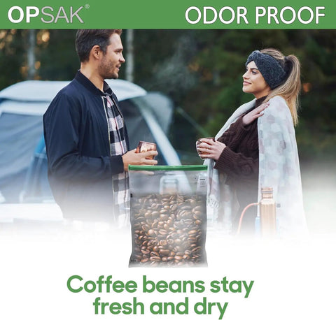 Couple camping with coffee in Odor Proof Dry Bags For Backpacking And Camping Reusable Resealable Storage Bags 28x20 Inches.