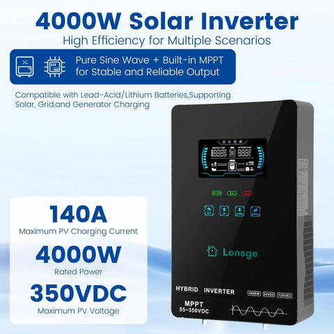 4000W Hybrid Solar Inverter 24V DC To 120V AC Pure Sine Wave With Glass Top Cover LCD Display Built In 140A MPPT Solar Charger