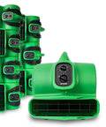 Heavy-Duty Workhorse Medium Air Mover And Carpet Dryer With Timer And Built-In Power Outlets High Velocity Snail Shape Utility Fan stacked in green.