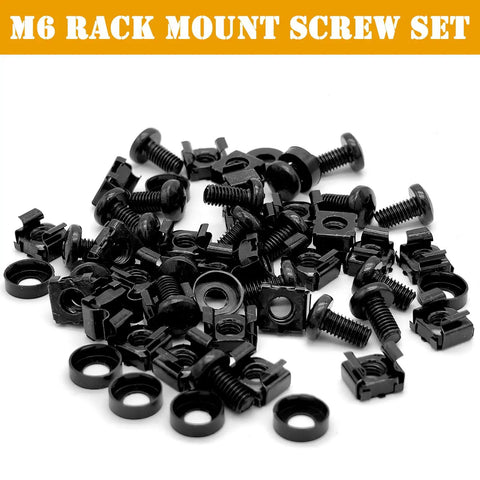 50 Pack Top Shelf Rock Solid M6 Rack Mount Cage Nuts And Hex Screws Paired With Lock Washers in black nickel finish.
