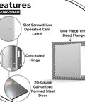 Top Tier 6X6 Flush Metal Access Panel With Bead Flange For Drywall Patch features slot screwdriver cam latch, concealed hinge, and 20-gauge steel door.