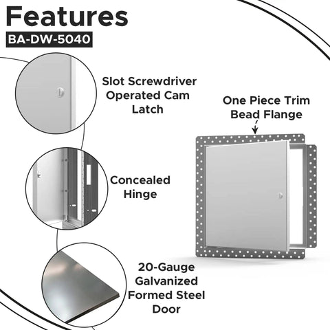 Top Tier 6X6 Flush Metal Access Panel With Bead Flange For Drywall Patch features slot screwdriver cam latch, concealed hinge, and 20-gauge steel door.