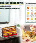 Heavy Duty Stainless Steel Beef Jerky Maker And Electric Food Dehydrator With Smart Digital Timer And Adjustable Heat for drying fruits on stacked racks.