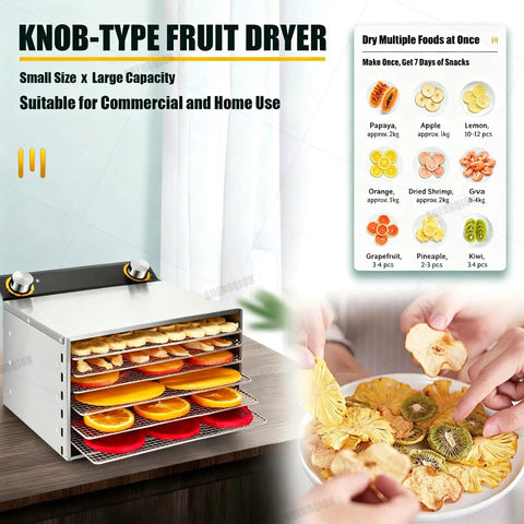 Heavy Duty Stainless Steel Beef Jerky Maker And Electric Food Dehydrator With Smart Digital Timer And Adjustable Heat for drying fruits on stacked racks.