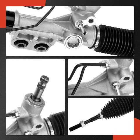 Hydraulic Power Steering Rack And Pinion For Nissan Frontier 2005 To 2020 Pathfinder 2005 To 2012 Xterra 2005 To 2015 With Inner Tie Rods And Dust Boots Left Hand Drive Only Replaces 49001ZG90A Smooth Responsive Steering Upgrade Plug And Play, close-up view of components.