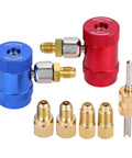Front view of red and blue R1234yf quick coupler adapters with brass fittings and 1/4 inch connectors.