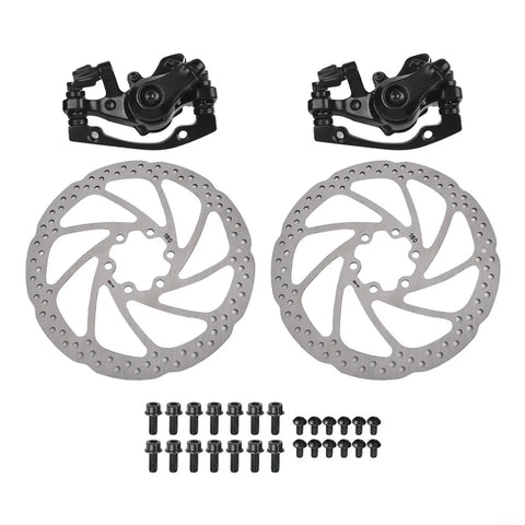 Heavy Duty Mechanical Disc Brake Pair For Ebikes And Folding Bikes Featuring 160mm Front Rear Aluminum Rotors and mounting hardware.