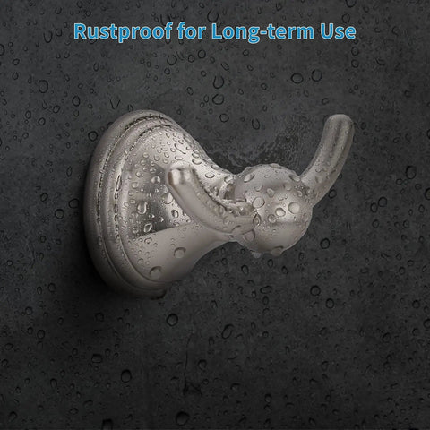Brushed Nickel Wall Mount Towel Hooks Set with water droplets, rustproof for long-term use in bathrooms and laundry areas.