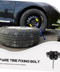 Car with spare tire on ground, next to a Spare Tire Screw Bolt Retainer Clamp For Car Wheel Mounting shown separately for clarity.