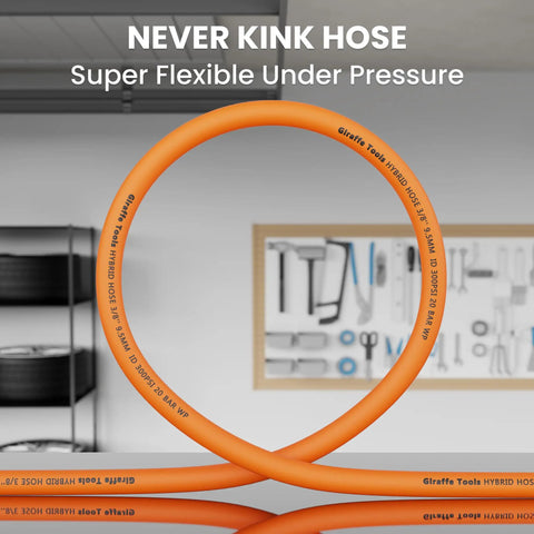 Built Tough Heavy Duty Hybrid Air Compressor Lead In Hose 3 Eighth Inch By 6 Feet Featuring 1 Fourth Mnpt Threads Pack Of Two in orange, flexible, kink-resistant design.