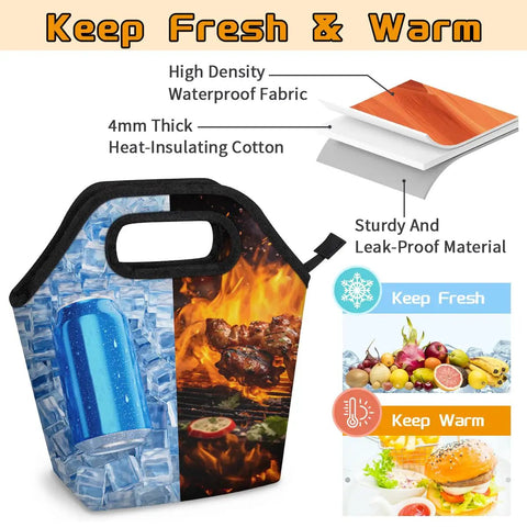 Sunset Insulated Lunch Tote Bag with icy can and grilled meat graphics showcasing heat and cold retention features.