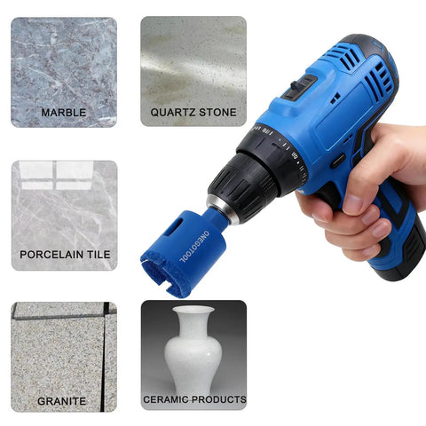 Real Heavy Duty 12 Piece Diamond Hole Saw Kit For Tile Concrete And Marble Offers Fast Dry Cutting With Hex Shanks And Tough Carry Case, drilling through marble, quartz, porcelain tile, granite, and ceramic.
