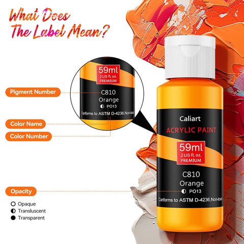 Close-up of orange 2 oz bottle from Acrylic Paint Set With 36 Dope Rich Pigment Colors, showing label details and paint texture.
