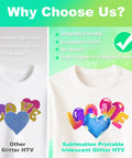 Comparison of 'Other Glitter HTV' vs 'Sublimation Printable Iridescent Glitter HTV' with visual differences on shirts.