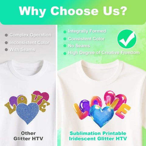 Comparison of 'Other Glitter HTV' vs 'Sublimation Printable Iridescent Glitter HTV' with visual differences on shirts.
