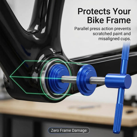 Bicycle Headset And Bottom Bracket Press Tool Set in use on bike frame, aluminum alloy build, precision screw thread, pro maintenance kit