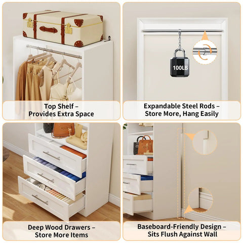 Roomy Walk In Closet Organizer System With Twelve Sturdy Drawers And Open Shelving Units, Freestanding Modular Wardrobe Rack showcasing top shelf and deep drawers.
