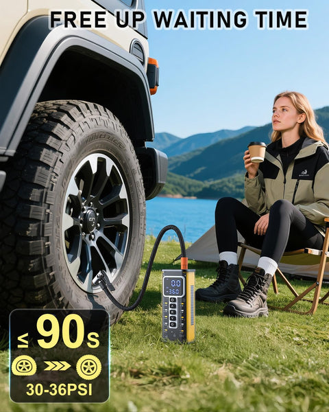 Go-To Portable Tire Inflator With Gauge 150 PSI in use with car, woman camping nearby, efficient air pump for travel