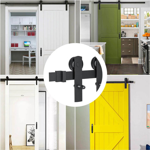 6.6Ft Barn Door Hardware Kit With Adjustable Floor Guide For Quiet, Smooth Sliding in various home settings, focus on I Shape hanger.