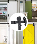 Heavy Duty 6.6ft Sliding Barn Door Hardware Kit Black For 1 3 8 Inch To 1 3 4 Inch Doors No Fuss Easy Install Smooth Quiet Rollers I Shape Hangers 260 LB Weight Capacity. Showcasing use in various room settings with close-up of roller mechanism.