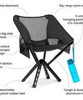 Ultra Lightweight Backpack Chair With 5 Second Folding, showing airflow backrest, rip-stop nylon seat, and aluminum legs.